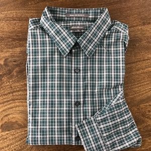 Eddie Bauer Long sleeve dress shirt. XL-Tall. Teal green plaid.